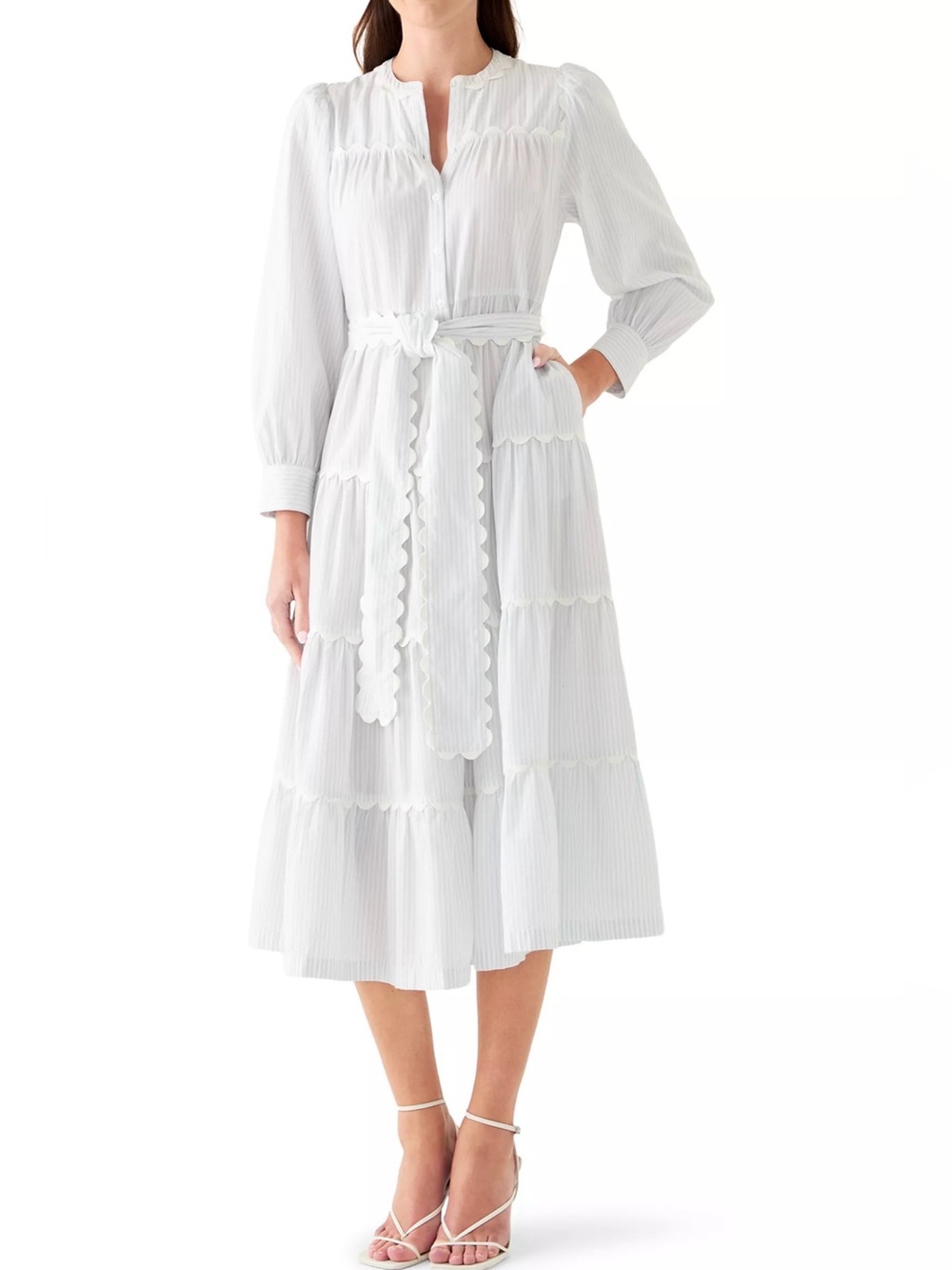 CROWN & IVY LONG SLEEVE SCALLOP TRIM STRIPE TIERED MIDI SHIRT DRESS BELT Blue M
